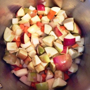 Apple, carrot, onion, coconut oil cooking for fall harvest soup